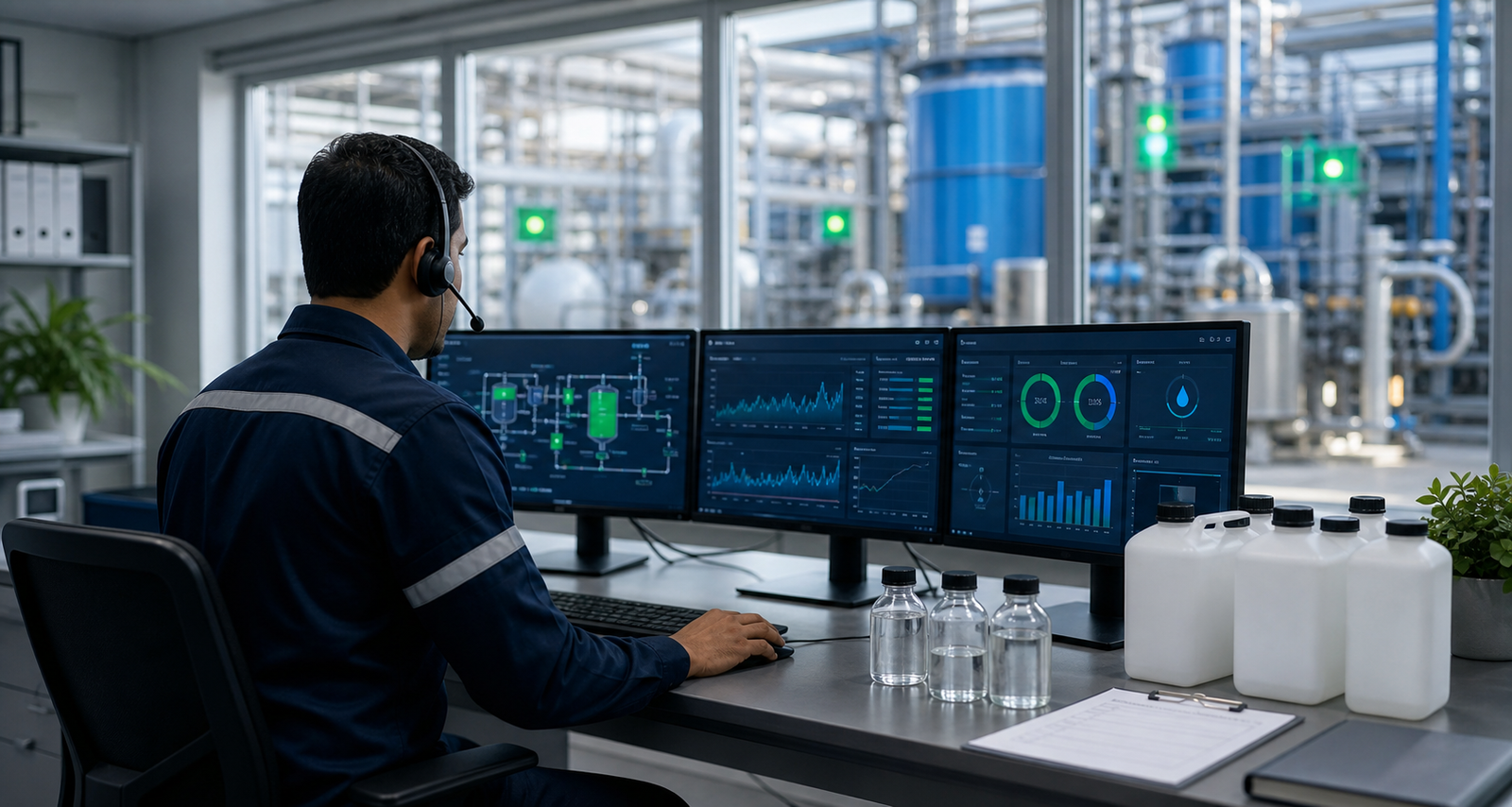Support engineer monitoring ongoing water treatment performance