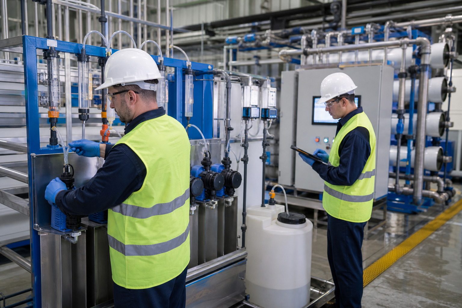 Technicians implementing chemical dosing equipment