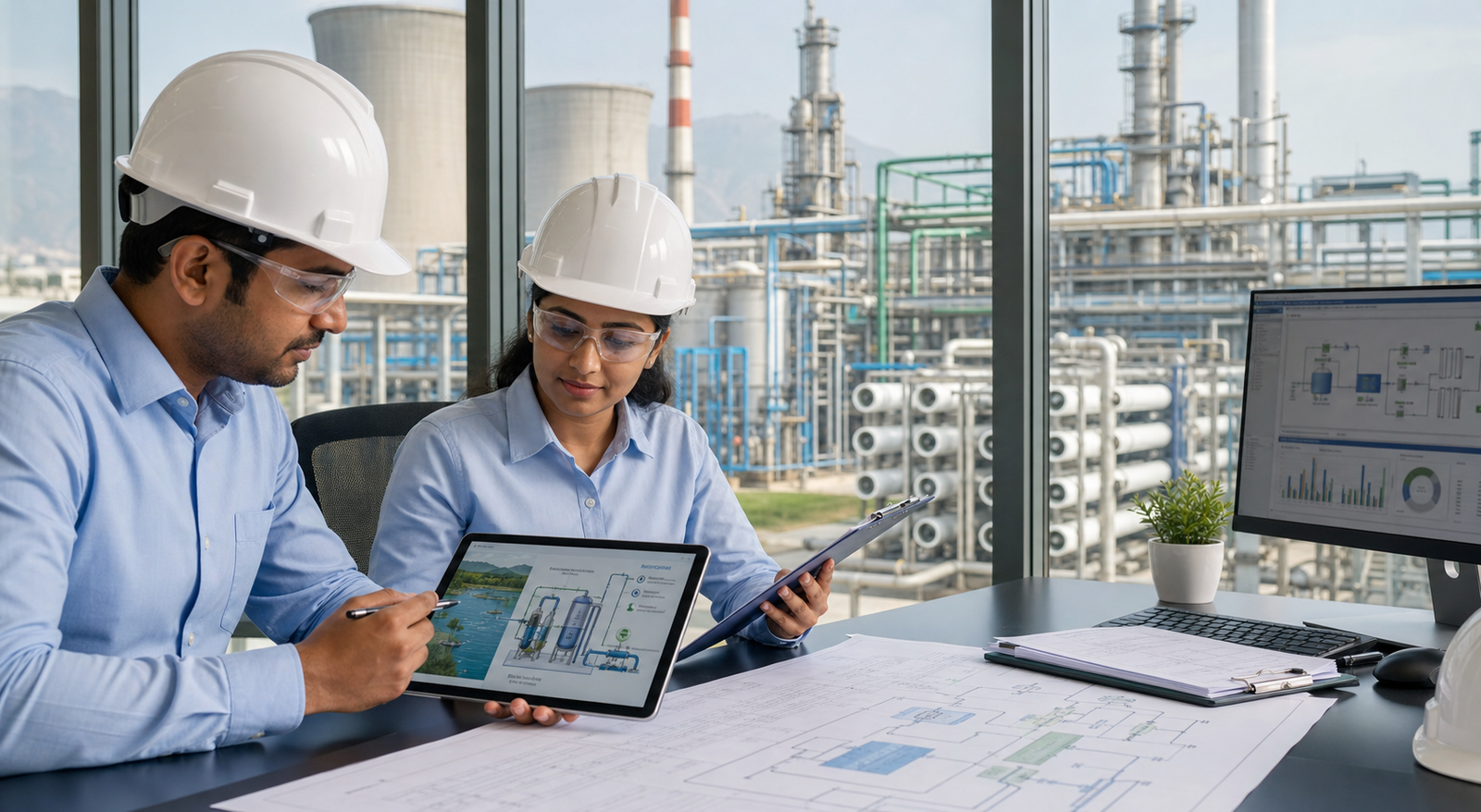 Engineers analyzing industrial water treatment requirements